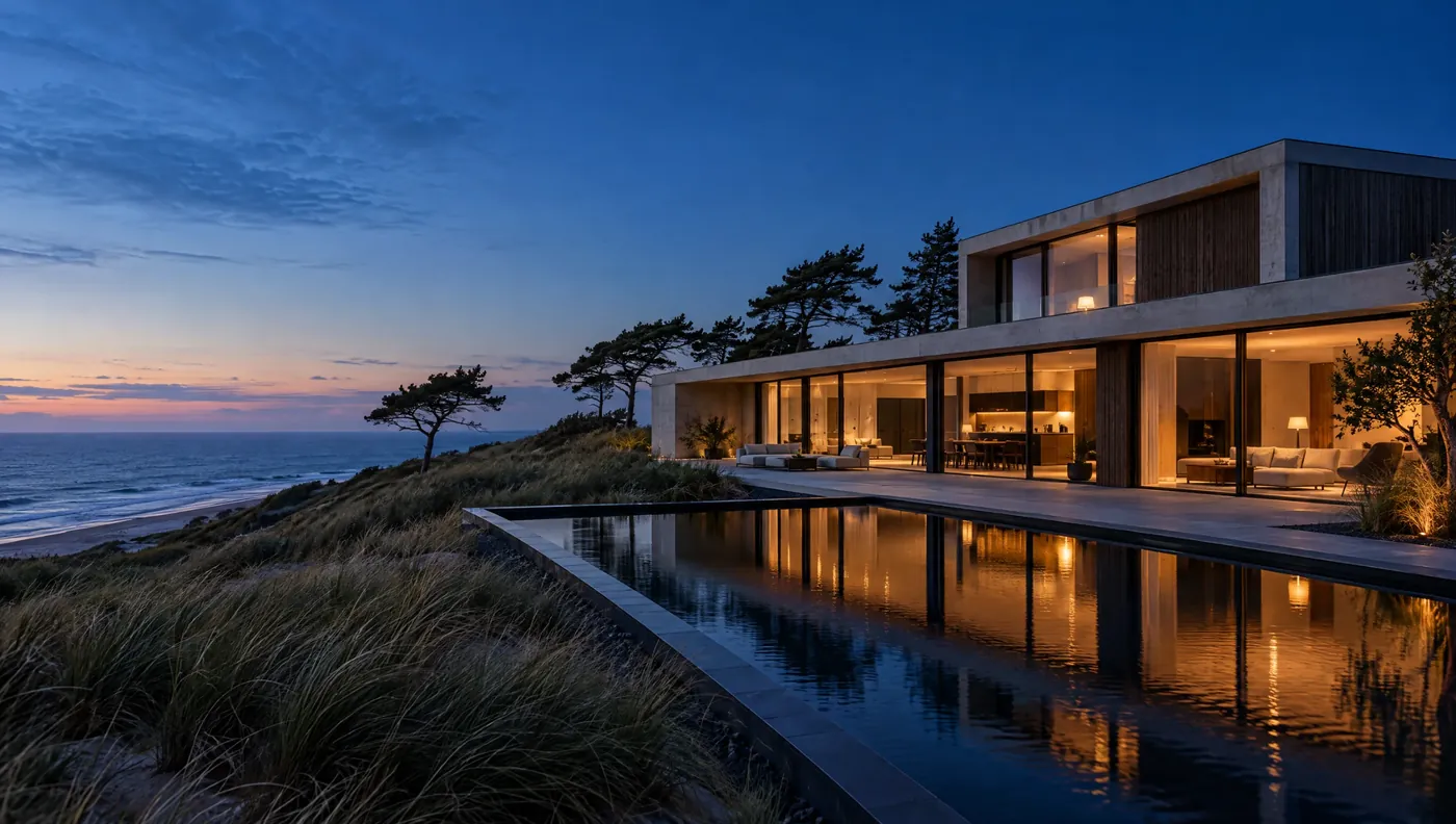 Webdesign-Konzept Immobilien: modernes Haus an der Küste zur blauen Stunde
