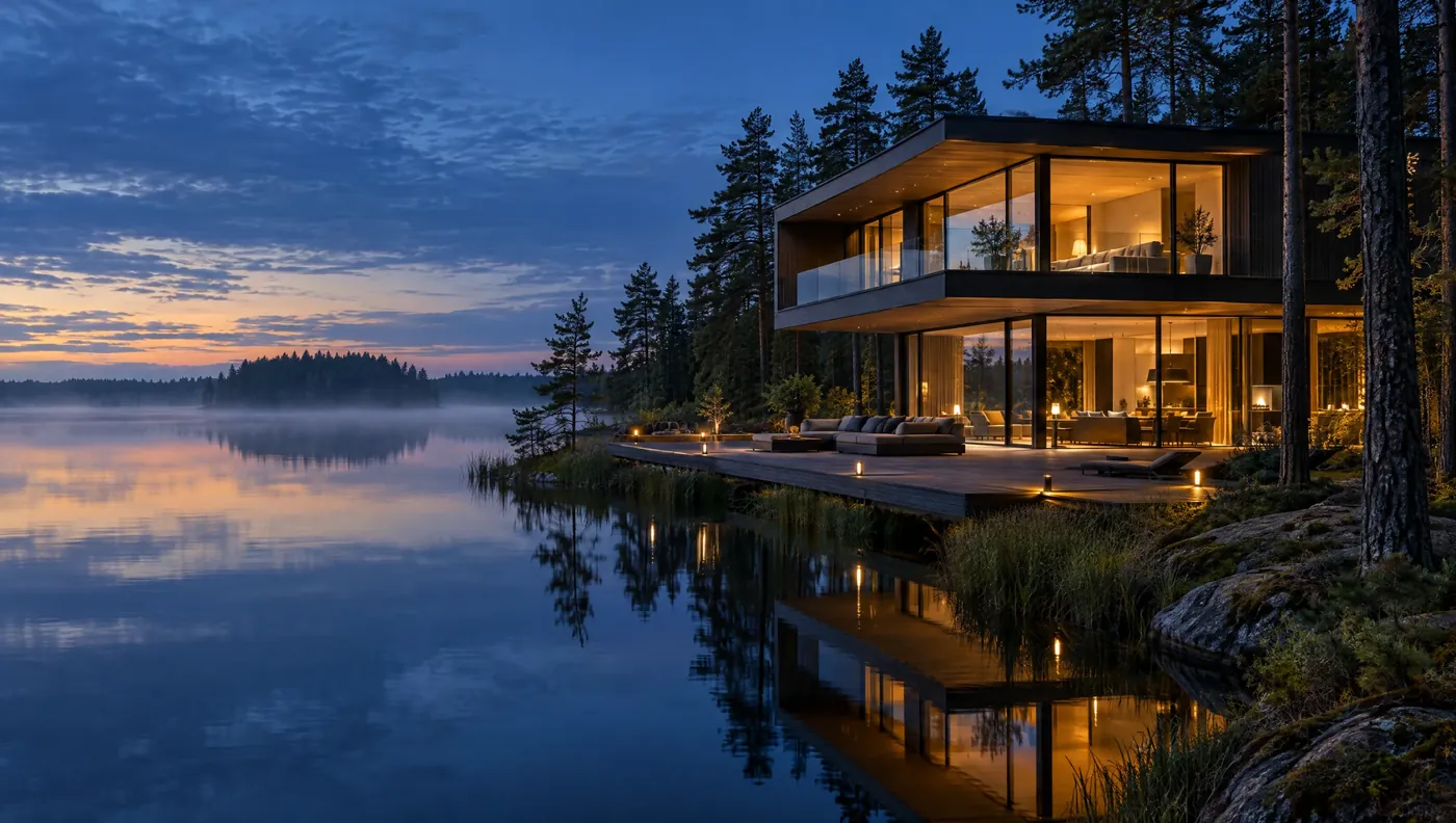Webdesign-Konzept Immobilien: Haus am See in der Dämmerung