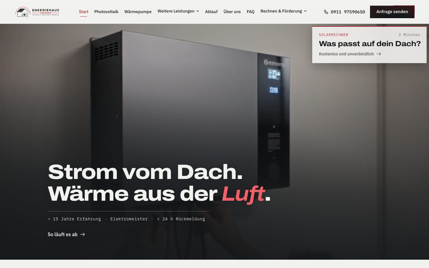 Startseite der Website von Energiehaus Franken, gestaltet von Kernflow