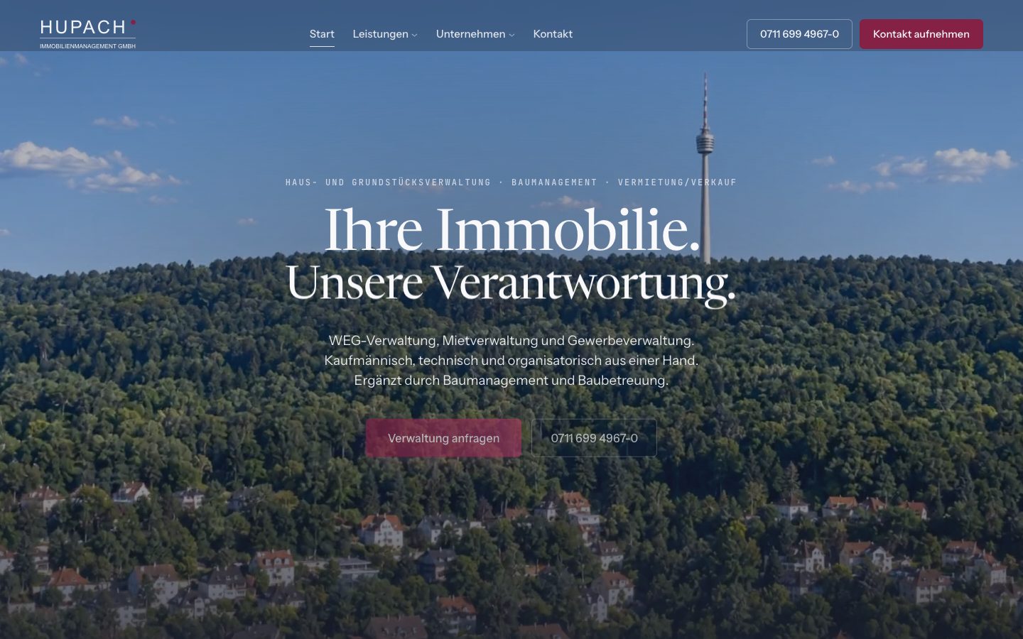 Startseite der Website von Hupach Immobilienmanagement, gestaltet von Kernflow