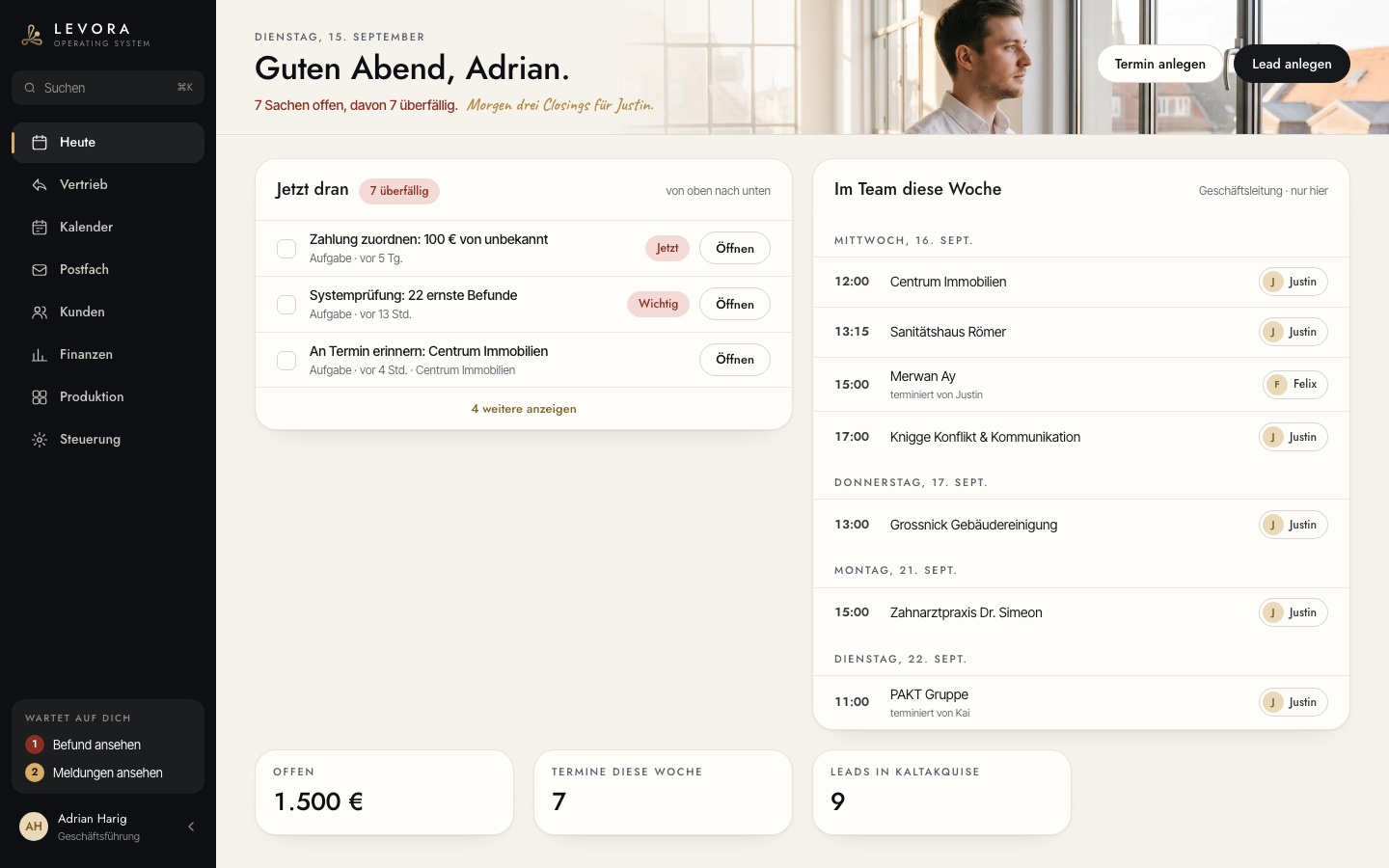 Levora OS, Startseite mit Tagesaufgaben